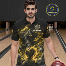 Load image into Gallery viewer, Man wearing a black and yellow graphic polo shirt in a bowling alley.