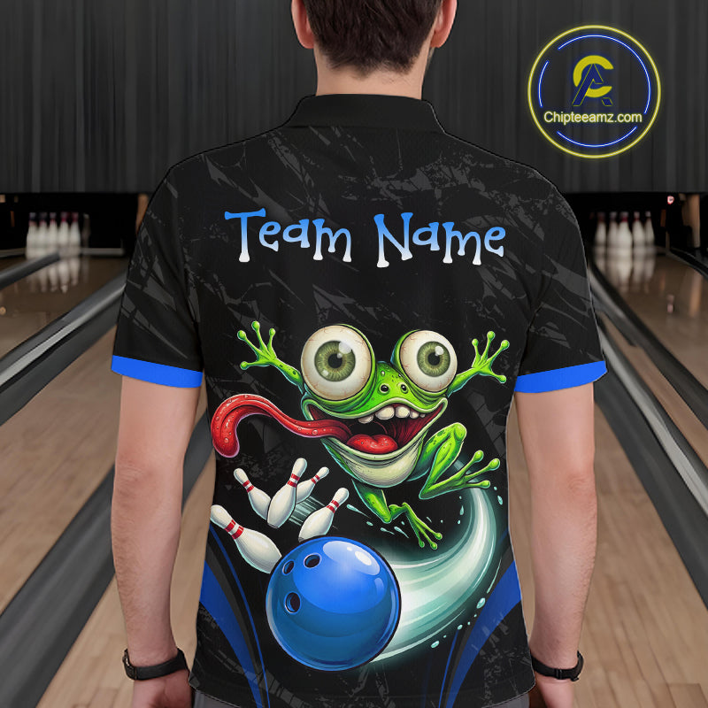 A person viewed from behind wearing a black short-sleeve bowling-themed shirt with a large green frog and blue bowling ball graphic on the back, plus the text 'Team Name' across the upper back. Bowling lanes are visible in the background, and a circular 'Chipteeamz.