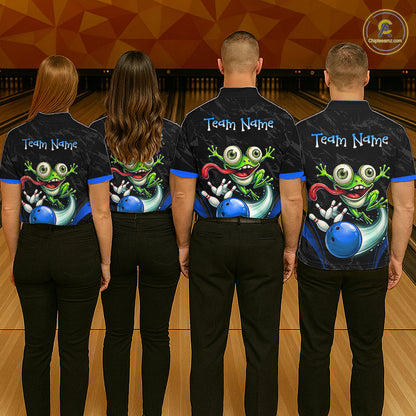 Funny Frog Bowling Polo Shirt 1/4 Zip Personalized Custom Name Blue Team Jersey For Men NHT1296