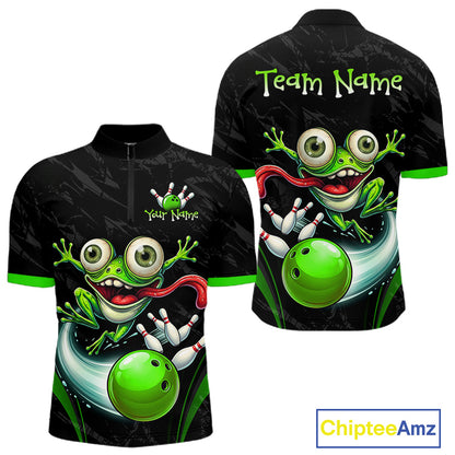 Black short-sleeve cycling jersey shown from the front and back, featuring a large green cartoon frog holding bowling pins and a green bowling ball, with customizable text areas on the chest and upper back.
