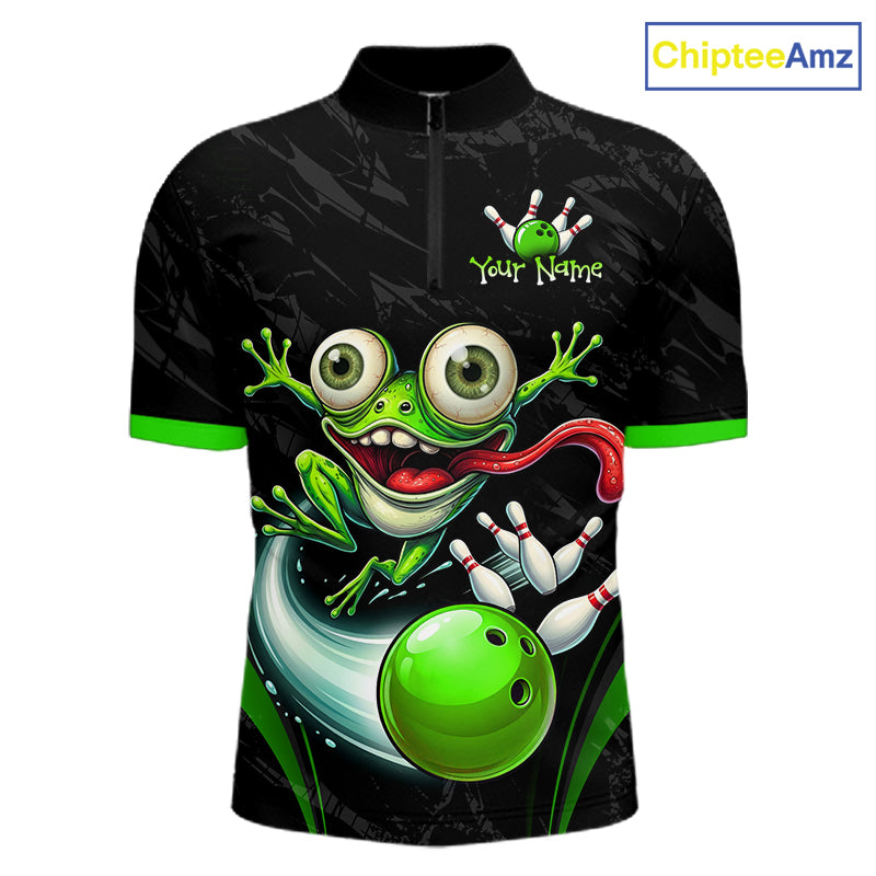 A black short-sleeve cycling jersey with a green cartoon frog and bowling ball graphic on the front, featuring a mock zipper and a customizable name placeholder. The ChipteeAmz logo is visible in the top right corner.