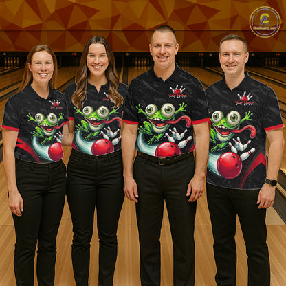 Funny Frog Bowling Polo Shirt 1/4 Zip Personalized Custom Name Red Bowling Ball Jersey For Men NHT1298