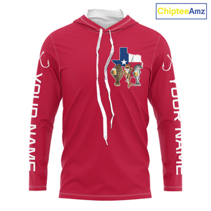 Texas Slam Funny Fishing Redfish, Trout, Flounder Fishing Shirts Long Sleeve Hooded For Men| Red NHT844