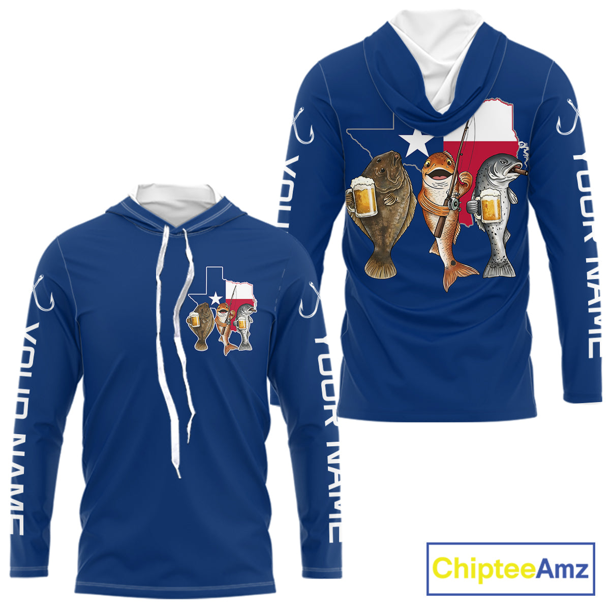 Texas Slam Funny Fishing Redfish, Trout, Flounder Fishing Shirts Long Sleeve Hooded For Men| Blue Navy NHT845