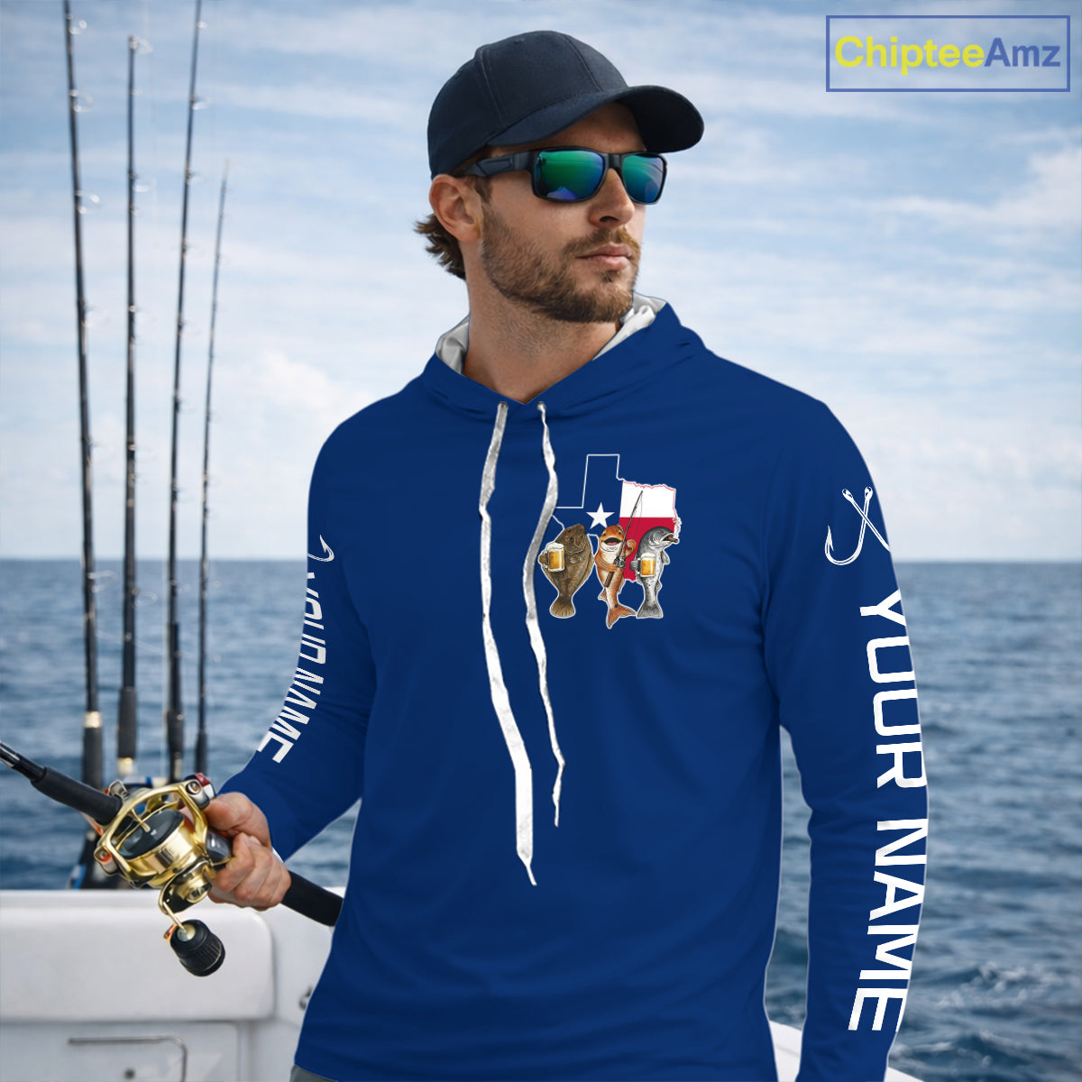 Texas Slam Funny Fishing Redfish, Trout, Flounder Fishing Shirts Long Sleeve Hooded For Men| Blue Navy NHT845