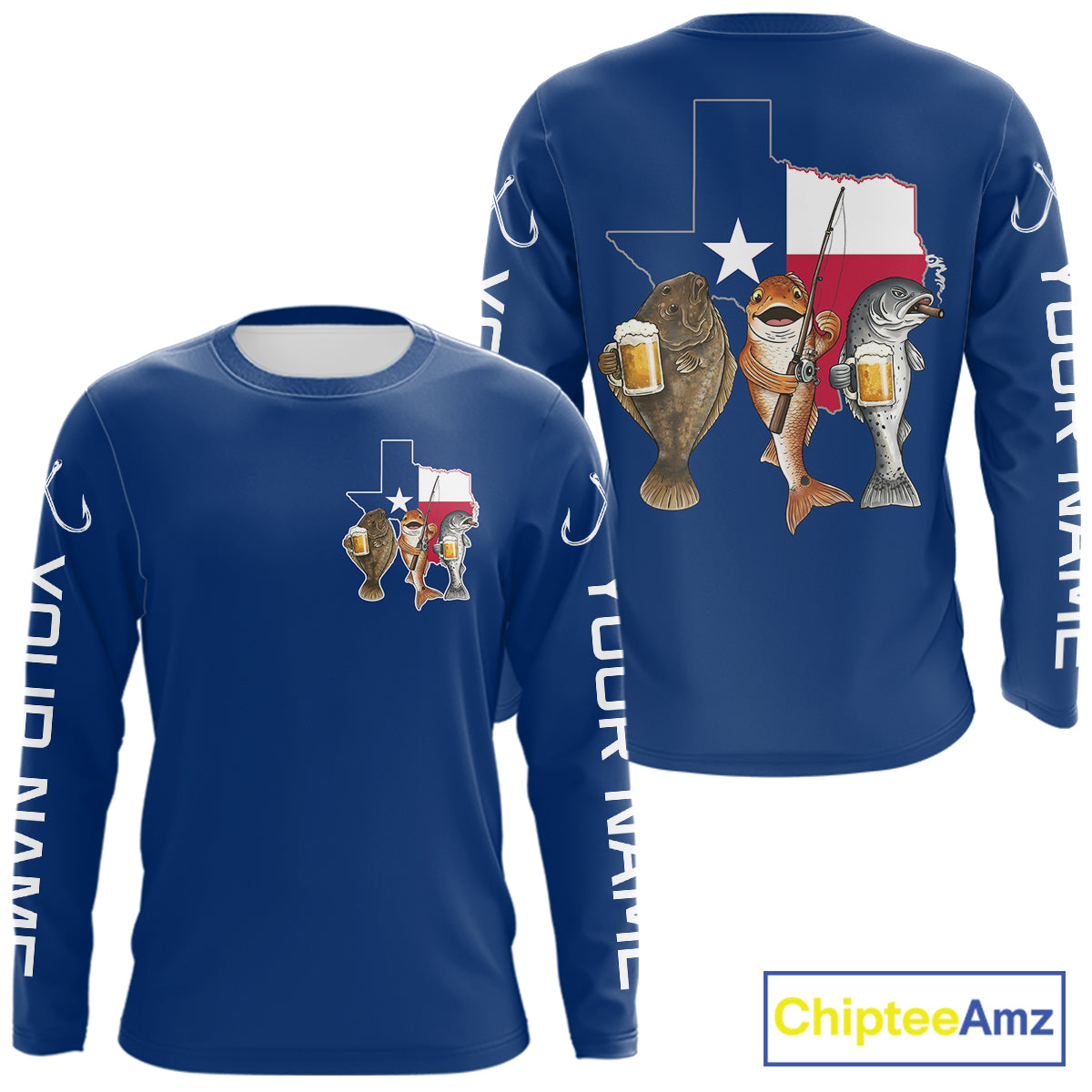 Texas Slam Funny Fishing Redfish, Trout, Flounder Fishing Shirts Long Sleeve For Men| Blue Navy NHT845