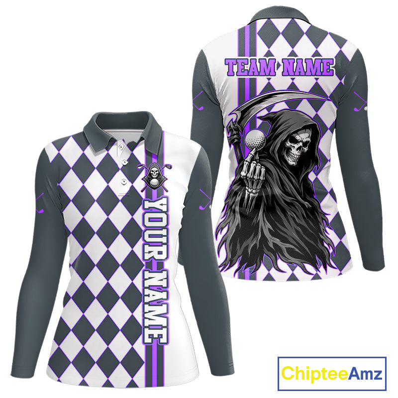 Long-sleeve shirt with checkered pattern and grim reaper design, customizable text on a white background.