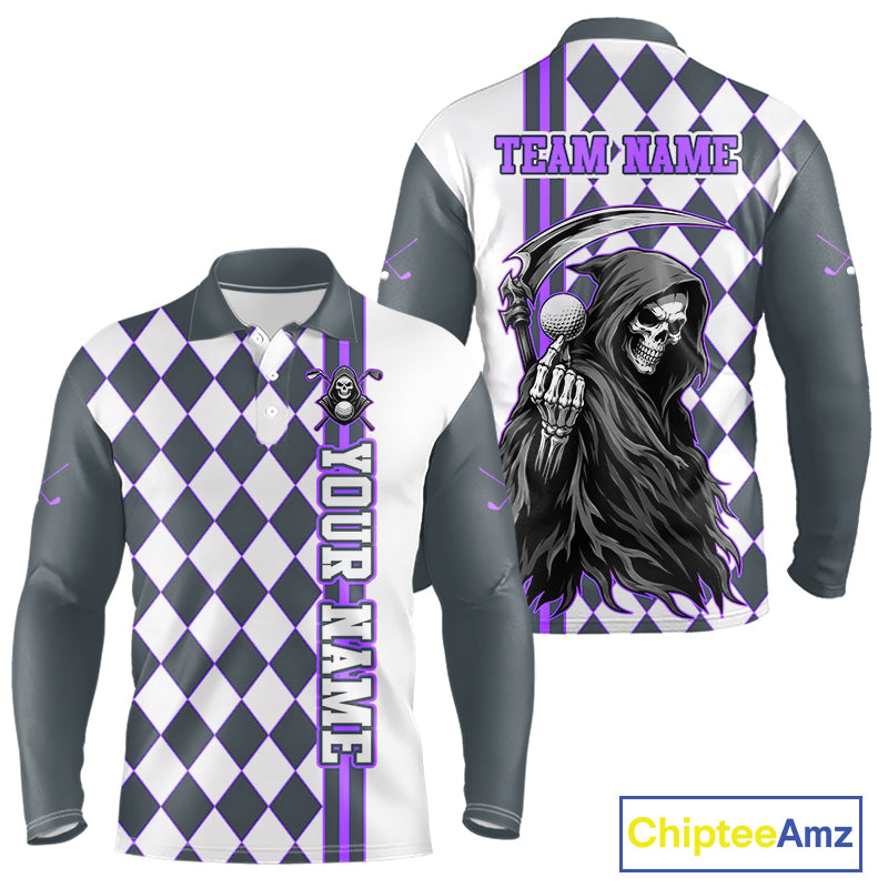 Long-sleeve shirt with a grim reaper design and checkered pattern, featuring customizable text on a white background.