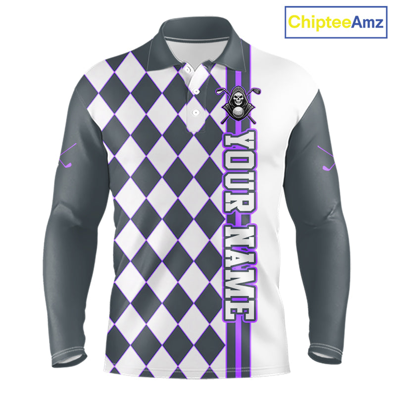 Long-sleeve shirt with black and white checkered pattern and purple accents, featuring a brand logo on a white background.