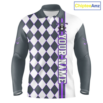 Long-sleeve shirt with black and white checkered pattern and purple accents, featuring a brand logo on a white background.