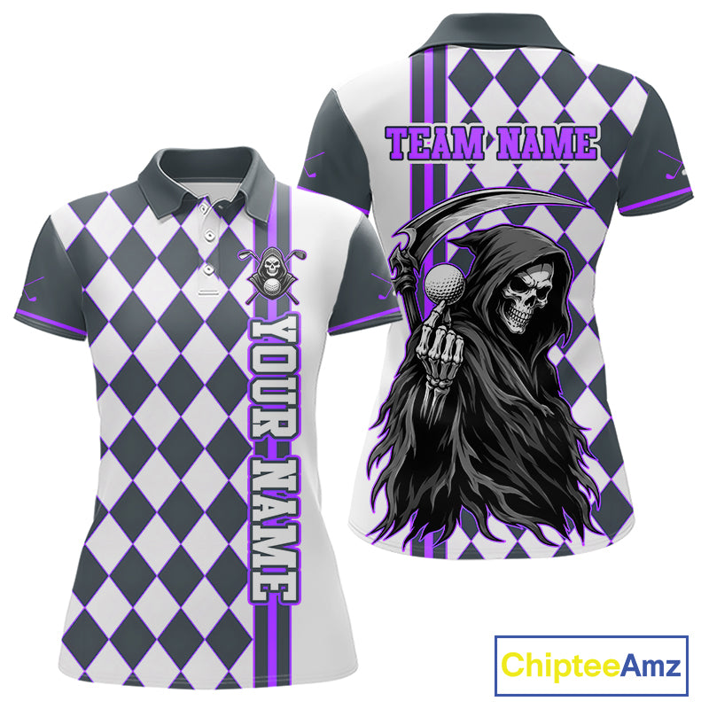 Polo shirt with checkered pattern and grim reaper design, customizable text on a white background.