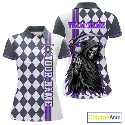 Polo shirt with checkered pattern and grim reaper design, customizable text on a white background.