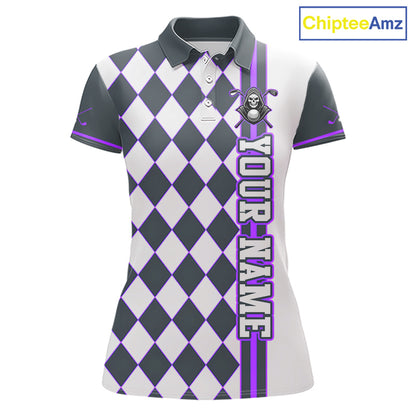 Personalized Skeleton Golf Polo Shirt For Womens - Funny Grim Reaper Golf Team Polo|Purple 