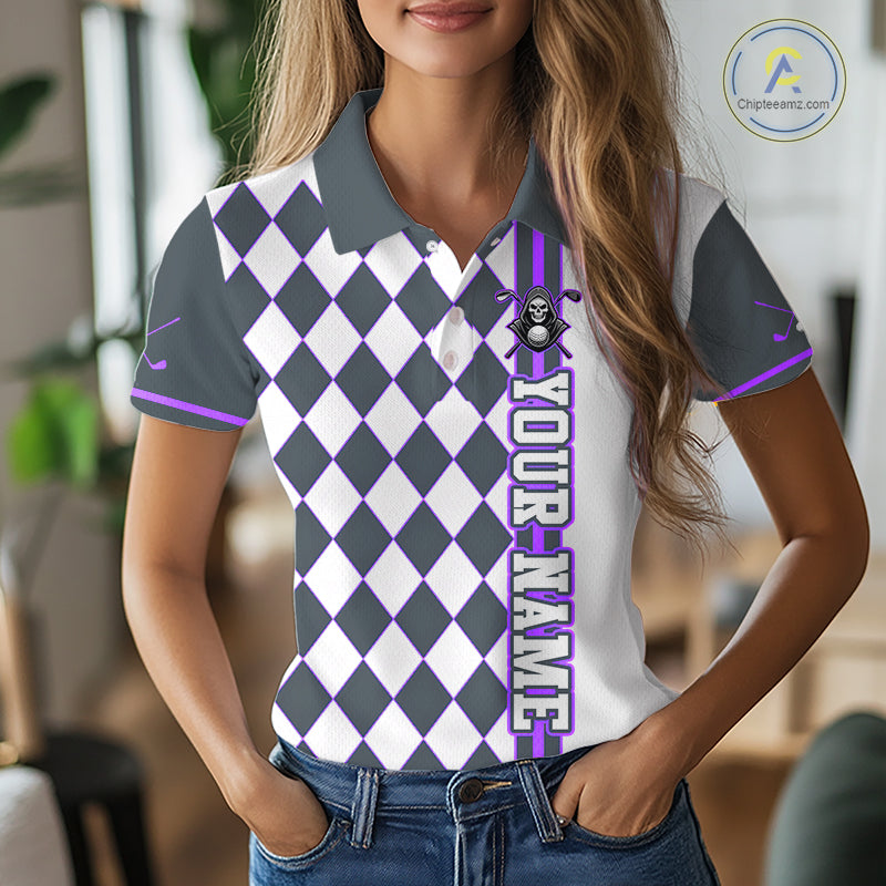 Person wearing a checkered polo shirt with customizable text in an indoor setting