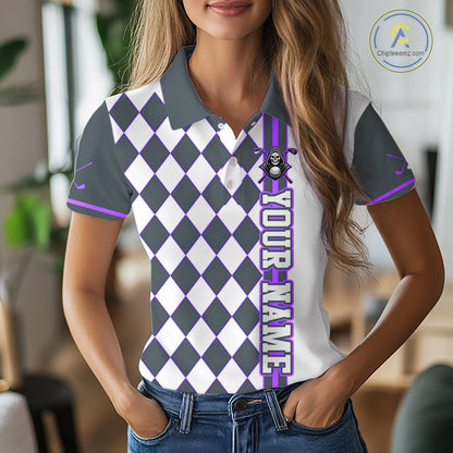 Person wearing a checkered polo shirt with customizable text in an indoor setting
