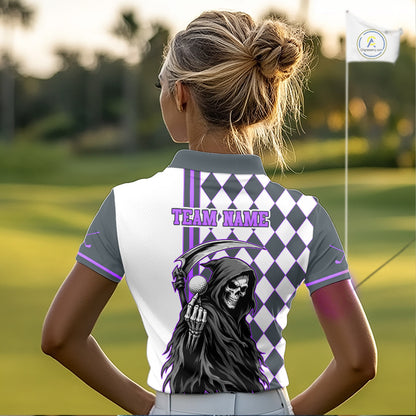 Person wearing a golf shirt with a graphic design on a golf course