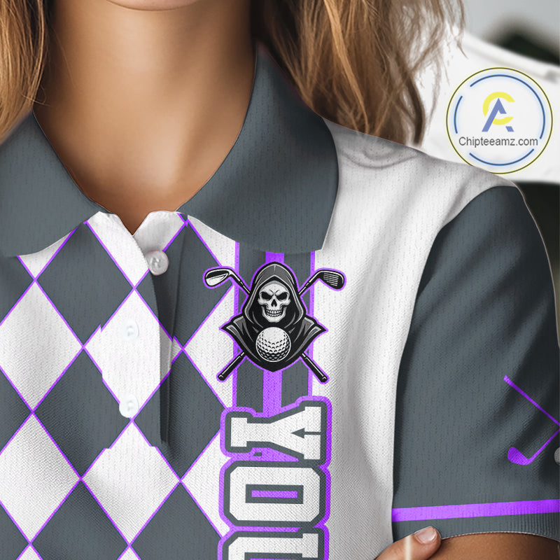 Gray and white checkered polo shirt with skull and golf club design on a mannequin.