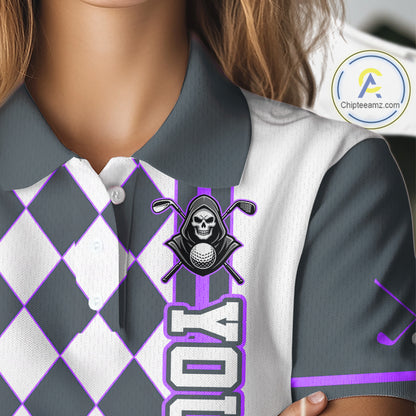 Gray and white checkered polo shirt with skull and golf club design on a mannequin.