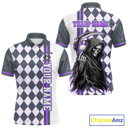 Personalized Skeleton Golf Polo Shirt For Mens - Funny Grim Reaper Golf Team Polo|Purple 