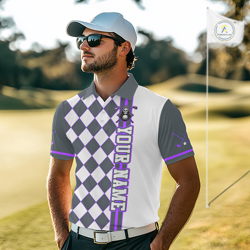 Personalized Skeleton Golf Polo Shirt For Mens - Funny Grim Reaper Golf Team Polo|Purple NHT1154