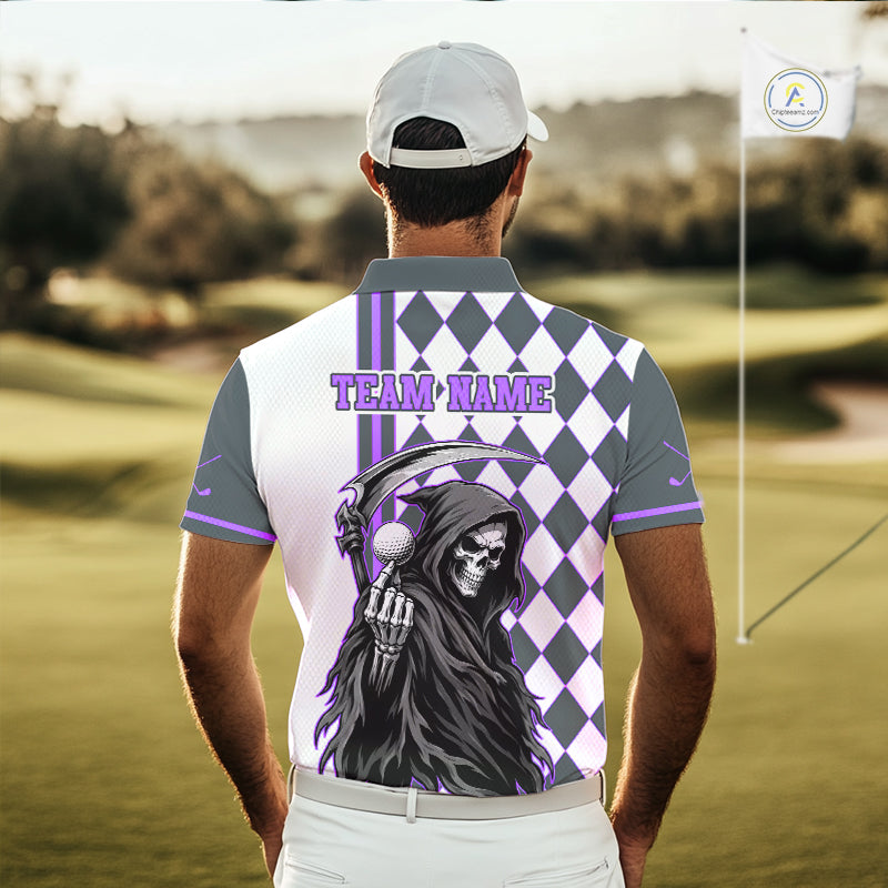 Personalized Skeleton Golf Polo Shirt For Mens - Funny Grim Reaper Golf Team Polo|Purple NHT1154
