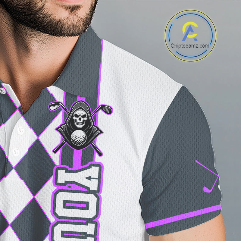 Personalized Skeleton Golf Polo Shirt For Mens - Funny Grim Reaper Golf Team Polo|Purple NHT1154