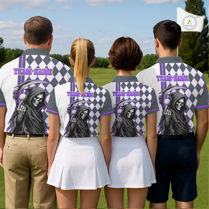 Personalized Skeleton Golf Polo Shirt For Mens - Funny Grim Reaper Golf Team Polo|Purple NHT1154