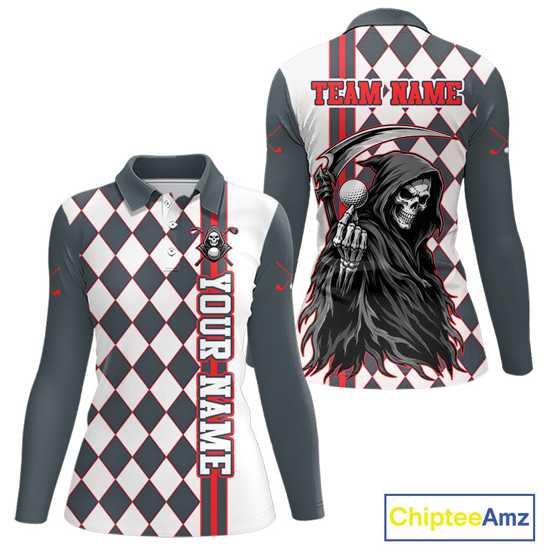 Long-sleeve shirt with checkered pattern and grim reaper design, featuring 'Your Name' and 'Team Name' text on a white background.