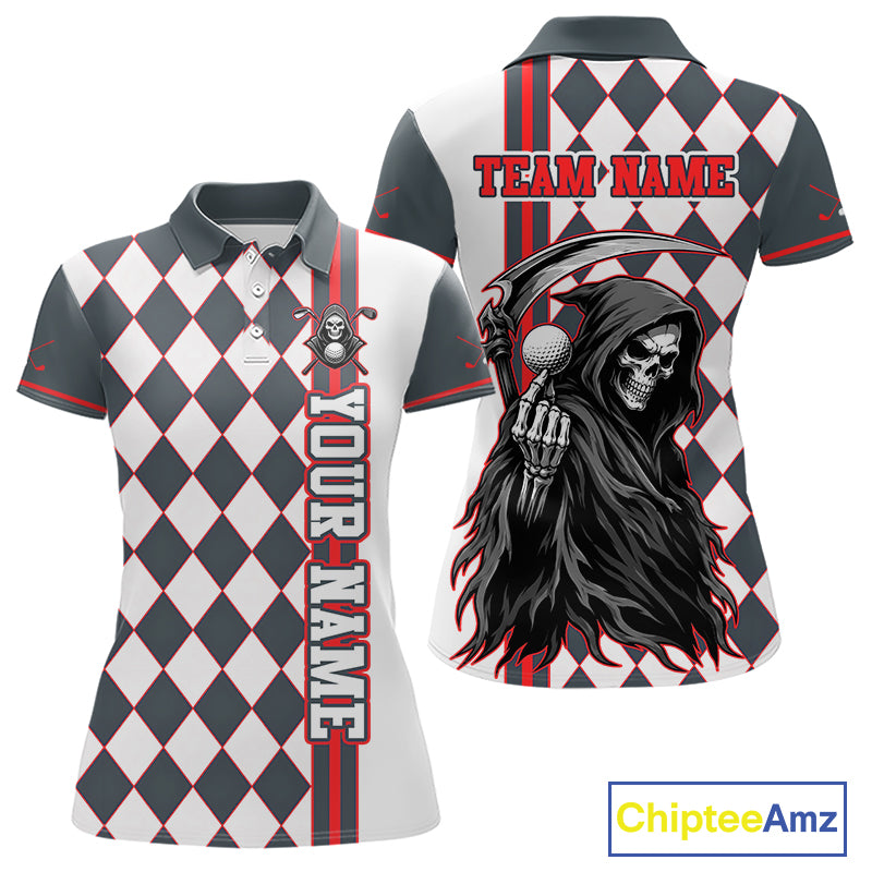 Polo shirt with checkered pattern and grim reaper design, customizable text on a white background.