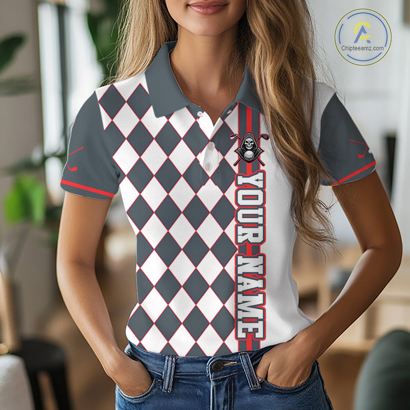Person wearing a checkered polo shirt with customizable text, standing in an indoor setting.