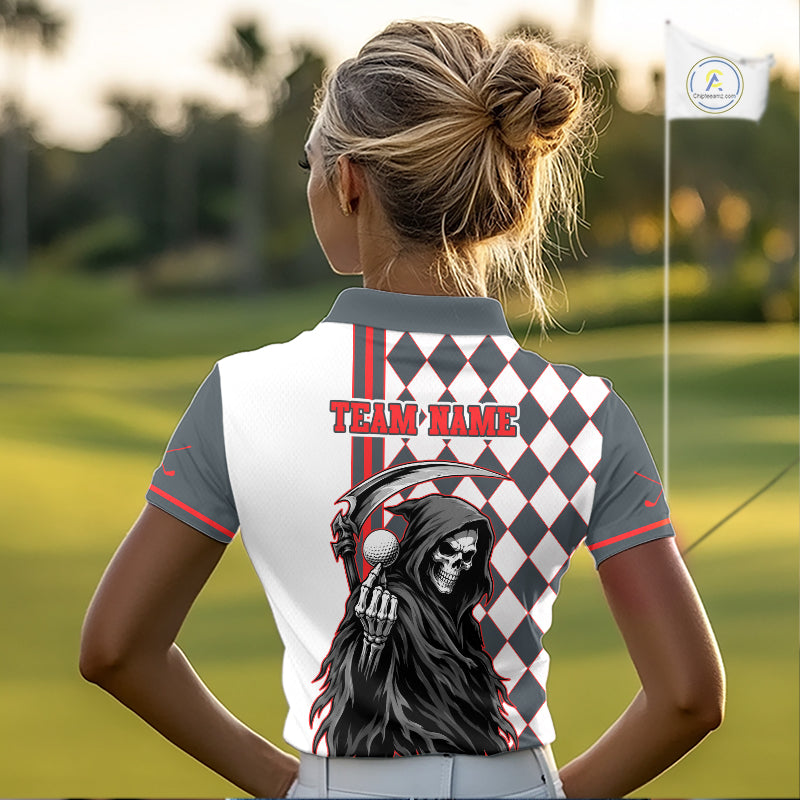 Person wearing a golf shirt with a graphic design on a golf course