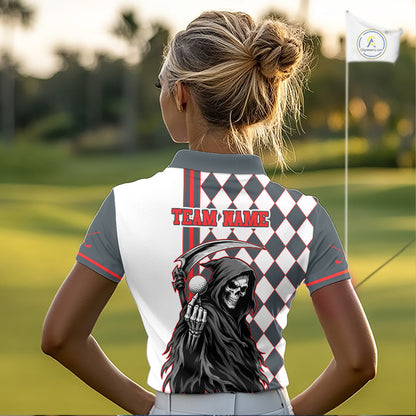 Person wearing a golf shirt with a graphic design on a golf course