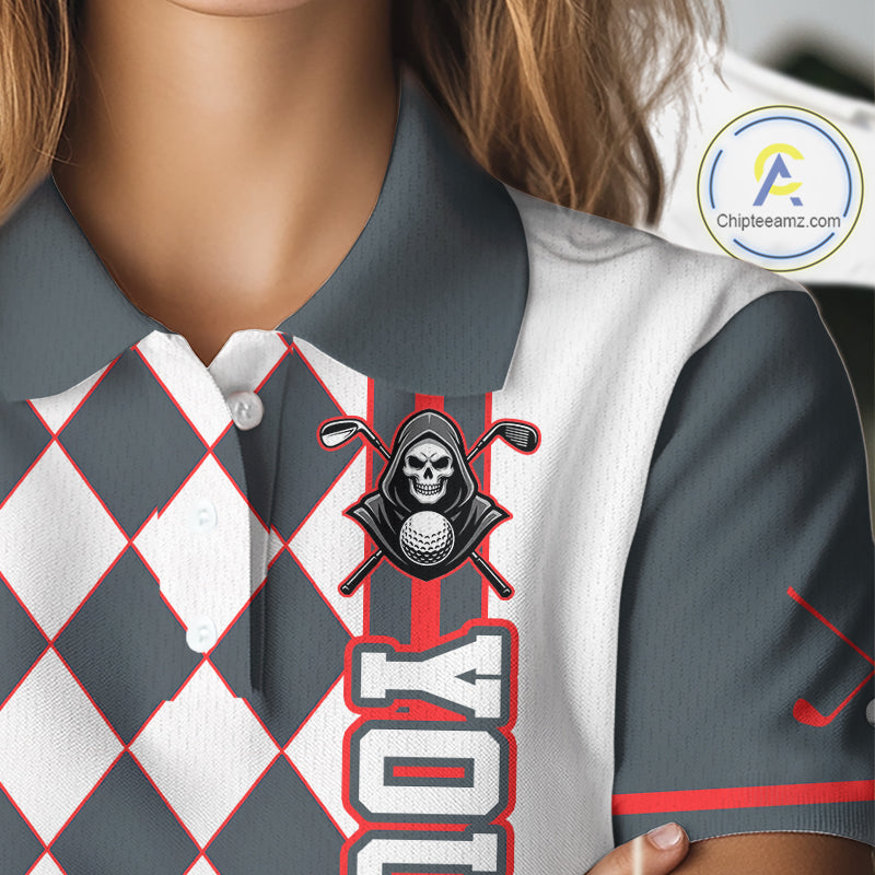 Gray and white checkered polo shirt with a skull and golf club design on a mannequin.