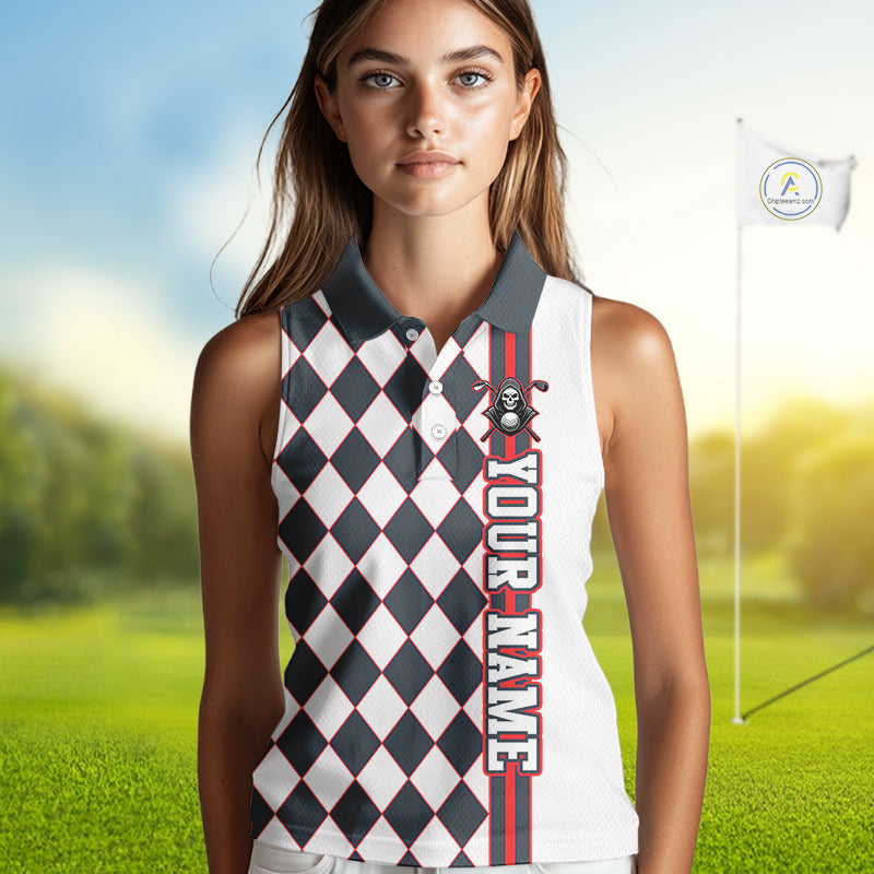 Woman wearing a checkered sleeveless polo shirt on a golf course