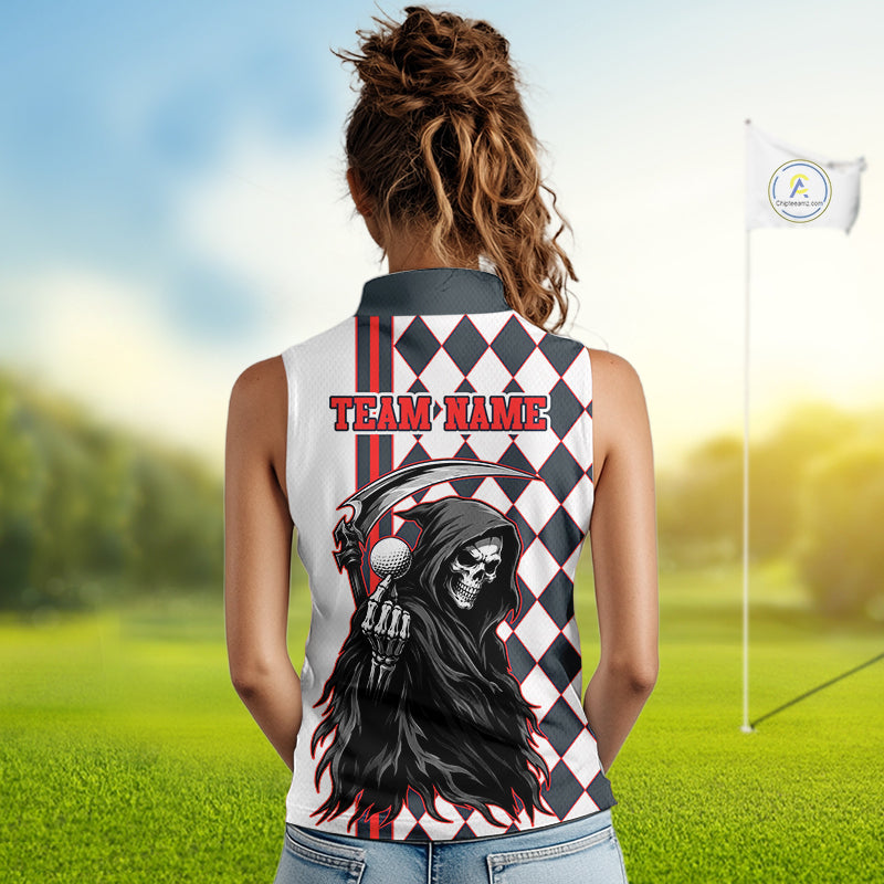Woman wearing a sleeveless shirt with a grim reaper design and 'Team Name' text on a golf course.