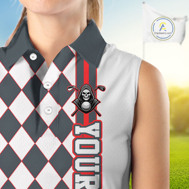 Person wearing a sleeveless checkered shirt with a skull and crossbones design on a blurred golf course background.