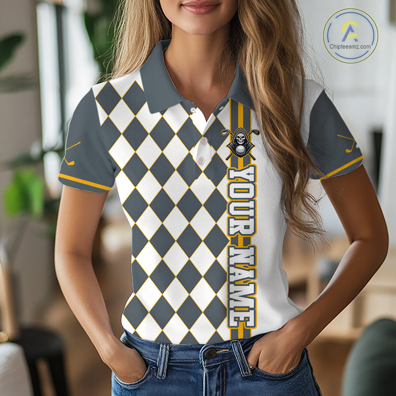 Person wearing a checkered polo shirt with customizable text, standing indoors.