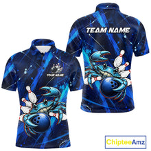 Load image into Gallery viewer, Blue polo shirt with crab and bowling design, customizable text, and Chiptee Amz branding.