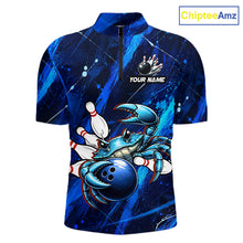 Load image into Gallery viewer, Blue bowling-themed shirt with a crab design and 'Your Name' text on a white background.