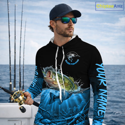 Largemouth Bass Fishing Shirt Long Sleeve Hooded For Tournament – Angler Gift For Men Dad| Blue NHT849