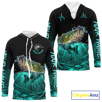 Largemouth Bass Fishing Shirt Long Sleeve Hooded For Tournament – Angler Gift For Men Dad| Turquoise NHT850