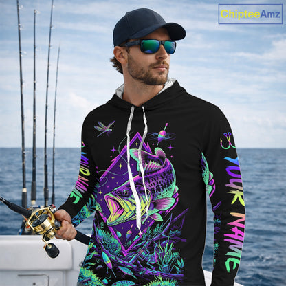 Neon Bass Fishing Shirts Long Sleeve Hooded  – Largemouth Bass Galaxy Glow Graphic Gift For Men Dad  NHT853