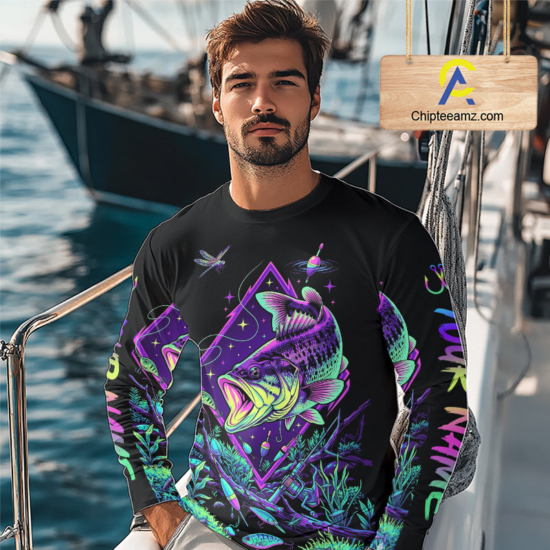Neon Bass Fishing Shirts Long Sleeve  – Largemouth Bass Galaxy Glow Graphic Gift For Men Dad  NHT853