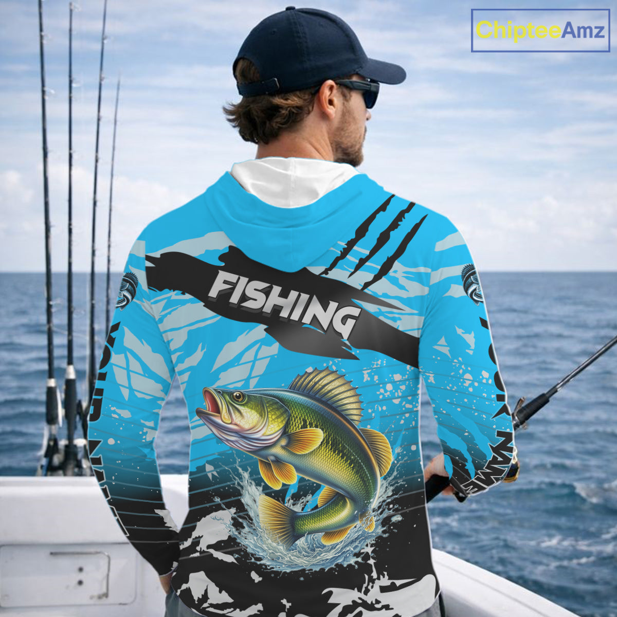 Walleye Fishing Blue Camo Jerseys Custom Performance Long Sleeve Hooded Tournament Fishing Shirts NHT509