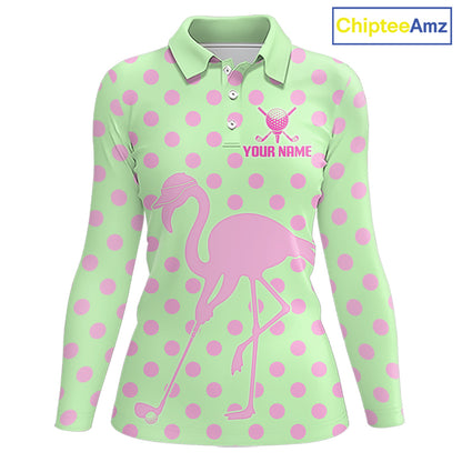 Women's Flamingo Golf Polo Shirt – Personalized Pink Flamingo Golf Jersey With Custom Name|Green NHT1016