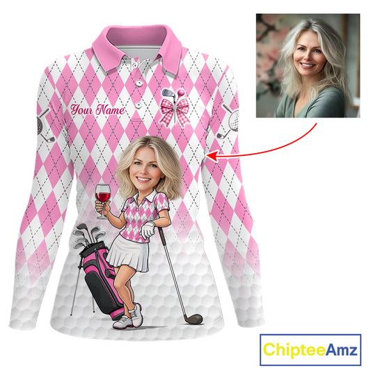 Personalized Argyle Style Funny Womens Golf Polo Shirt Gift For Mother's Day – Custom Face Portrait Cartoon Design NHT662