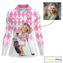 Load image into Gallery viewer, Personalized Argyle Style Funny Womens Golf Polo Shirt Gift For Mother's Day – Custom Face Portrait Cartoon Design NHT662