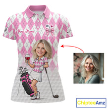 Load image into Gallery viewer, Personalized Argyle Style Funny Womens Golf Polo Shirt Gift For Mother's Day – Custom Face Portrait Cartoon Design NHT662