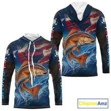 Load image into Gallery viewer, Texas Flag Redfish Long Sleeve Hooded Fishing Jersey, Red Drum Saltwater Performance UV Shirt For Men 