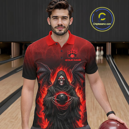 A man wearing a custom short-sleeve polo shirt with a red and black fiery grim reaper graphic, standing in a bowling alley holding a bowling ball. The shirt features a red collar, a red-to-black gradient background, and a graphic of a hooded reaper holding a bowling ball surrounded by flames.